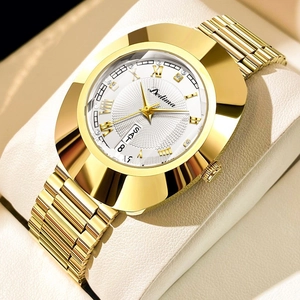 Luxury gold-tone stainless steel watch for women with diamond indices and roman numerals