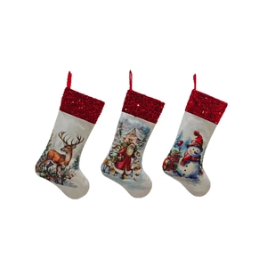 Set of 3 white Christmas stockings with red sequins featuring Santa, Reindeer and Snowman