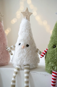 Detail of plush Christmas tree doll featuring stripe knit legs and golden star topper