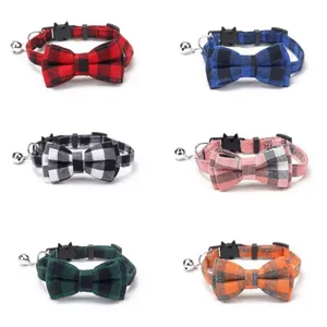 Plaid Pet Collar Bowknot Adjustable Cotton Fabric With Metal Bell For Cats Small Dogs British Style Cute