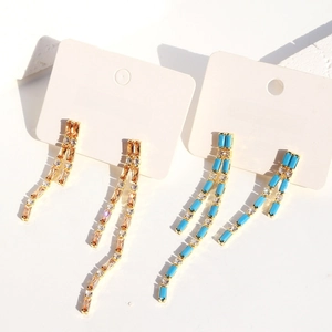 Asymmetrical Tassel Earrings For Women Elegant Brass With Rectangular Colorful Zircon Long Line Dangle Drop Jewelry