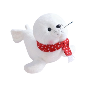 Peluche de phoque blanc mignon avec écharpe rouge à flocons et texture douce