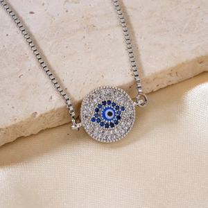 Vintage Stainless Steel Evil Eye Adjustable Bracelet For Women Silver Plated Pave Rhinestone Circular Charm Jewelry