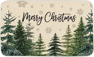 Close-up of a Christmas doormat with pine trees and Merry Christmas text on linen texture