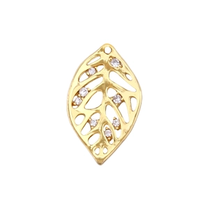 Detail of leaf pendant with gold plating, hollow structure and clear zircon stones