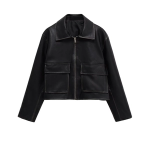 Women's Chic Faux Leather Jacket Solid Color Lapel Short PU Biker Jacket With Pockets Long Sleeve Zipper Coat Streetwear Top