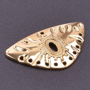 Macro shot of 18k gold plated stainless steel eye charm with fine embossed details