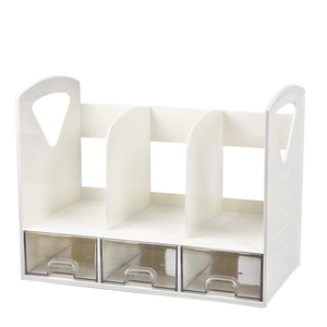 White desk bookshelf with 3 open slots and 3 grey drawers for desktop organization