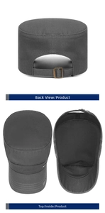 Detail view of dark grey cadet cap showing rear metal buckle and cotton fabric texture