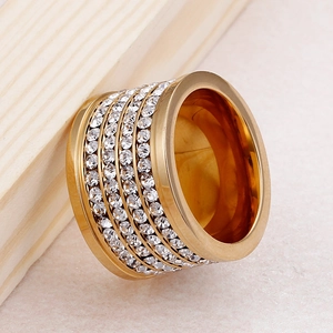 Luxurious gold-plated wide band ring with five rows of sparkling cubic zirconia stones
