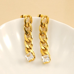 Elegant gold Cuban chain drop earrings with square zircon crystal in minimalist style