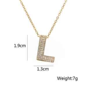 Detailed view of gold letter L pendant with zircon inlay including 1.9cm height size specs