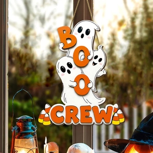 Targa in legno Halloween Boo Crew con fantasmi carini e candy corn per decorazioni