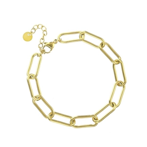 Golden stainless steel paperclip chain bracelet with lobster clasp on white background