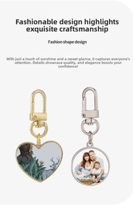 Sublimation metal keychains with heart and round charms featuring custom photo printing