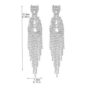 Detailed view showing 12.8cm long silver fringe earrings with sparkling rhinestones