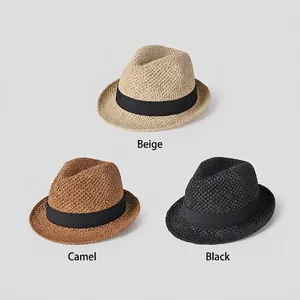 Classic handmade straw fedora hats for women in beige, camel and black with ribbon band