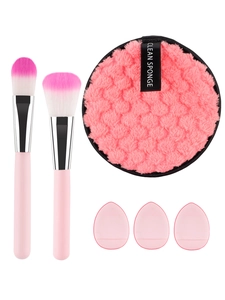Pink makeup tool set including two brushes, a clean sponge, and three teardrop puffs
