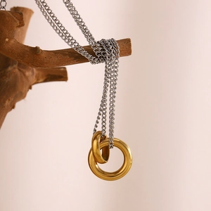 Detail of interlocking gold rings on a silver chain necklace draped over a branch