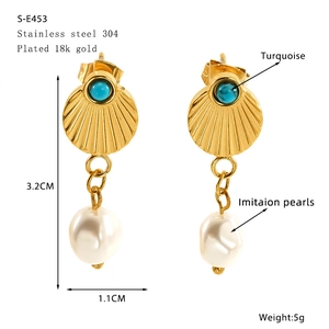 Detailed view of 18k gold plated stainless steel earrings with turquoise and pearls