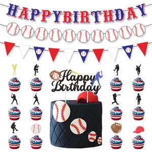 Detailed baseball party set with happy birthday banner and various sports cake toppers