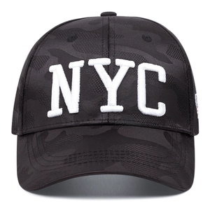 Classic black camouflage baseball cap with white 3D NYC embroidery and adjustable strap