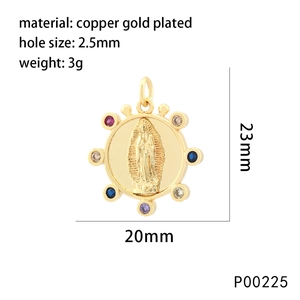 Detail of a 23mm gold-plated copper Virgin Mary pendant with colorful cubic zirconia