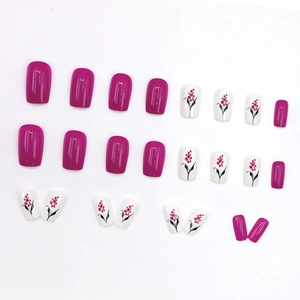 24-piece set of berry magenta and floral pattern press-on nails in square oval shape