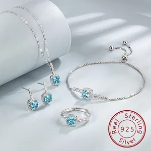 925 Sterling Silver Jewelry Necklace Earrings Ring Bracelet With Square Blue Zircon Halo For Women Fashion Luxury