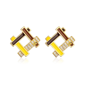 Detail of 18K gold-plated geometric square earrings with enamel inlay and zircon accents