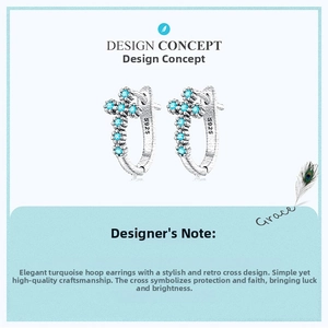 Detailed macro view of S925 sterling silver stamp on cross earring with turquoise zircon