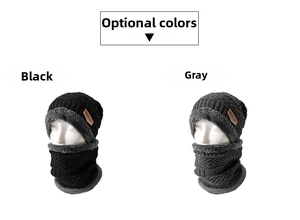 Detail of knit beanie and scarf set with thick fleece lining and faux leather sports label