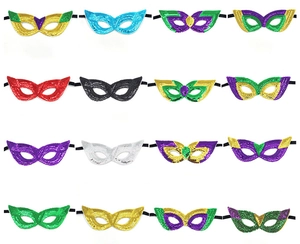 Detailed collection of sixteen colorful sequin masquerade masks in a 4x4 matrix display