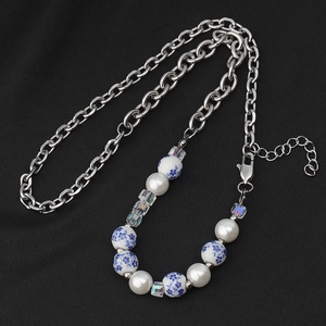 Hip-hop necklace with blue and white porcelain beads on a silver stainless steel chain