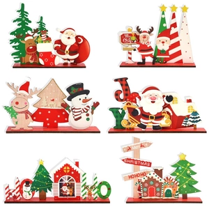 Christmas Wooden Ornaments Cartoon Santa Reindeer Snowman Painted Wood Desktop Table Window Decor Festive Holiday Home