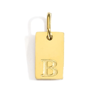 Close-up of golden stainless steel square pendant featuring engraved capital letter B