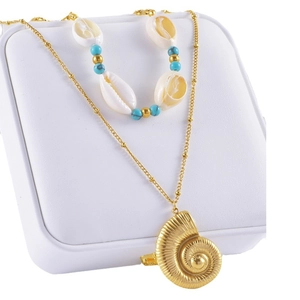 Double-layered gold necklace with sea shell, starfish, and turquoise pendants