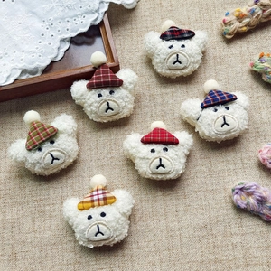 Plush white bear head charms with colorful plaid hats for DIY accessories, set of 6
