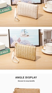 Detail showing beige straw woven wristlet purse with metal zipper and V-pattern texture