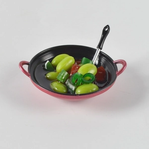Miniature red dollhouse frying pan with realistic food and tiny spatula kitchen toy detail