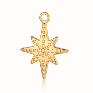 Detail shot of golden starburst pendant with granulated texture in stainless steel