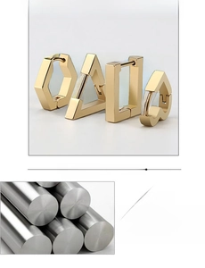 Detail view of geometric titanium steel earrings showing polished gold finish and shapes