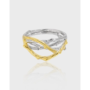 S925 Sterling Silver Twig Ring Irregular Intertwined Thorny Branch Design Gold Silver Bicolor Adjustable Open Ring For Women