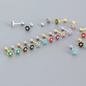 Flower Stud Earrings With 925 Sterling Silver Earring Post Colorful Zircon Screw Ball Back Helix Piercing Korean Style