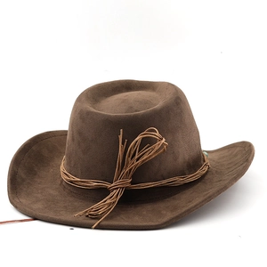 Chapeau de cowboy en daim marron à bord incurvé, corde tressée et perle turquoise