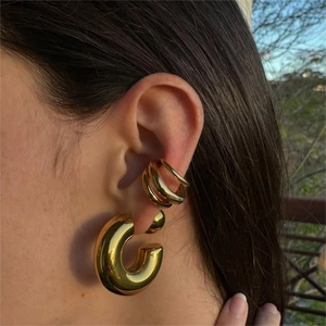 Gold titanium steel earrings set with hoop dangle and triple layer ear cuff for women