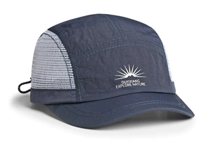 Detail of the 5-panel baseball cap showing mesh side panels and adjustable elastic drawstring