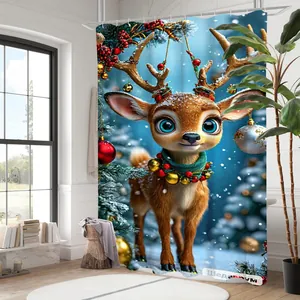 Detail eines 3D Weihnachts-Duschvorhangs mit süßem Reh in einem verschneiten Wald