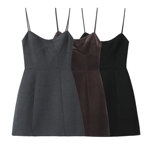 Sleeveless A-line mini dresses in grey, brown and black with slim fit waist and spaghetti straps