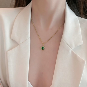 Vintage gold plated stainless steel necklace with emerald rectangular green pendant